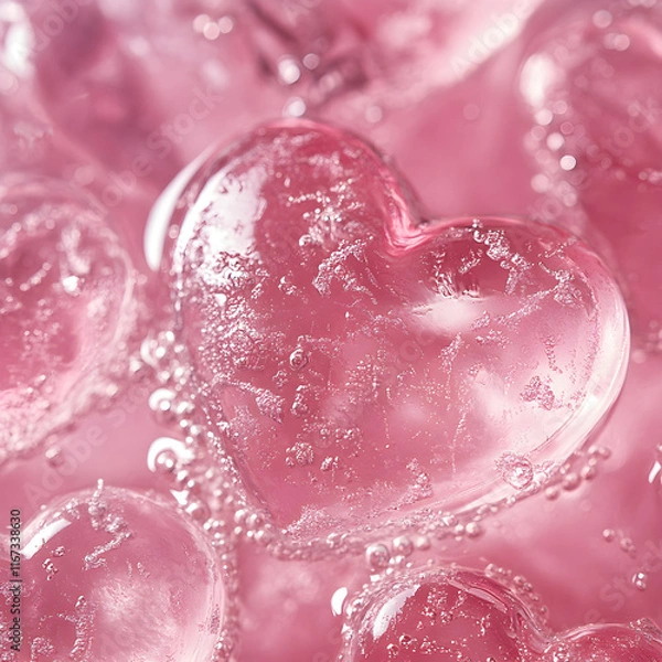 Fototapeta Ice hearts on pink soda background, Valentine's Day concept background