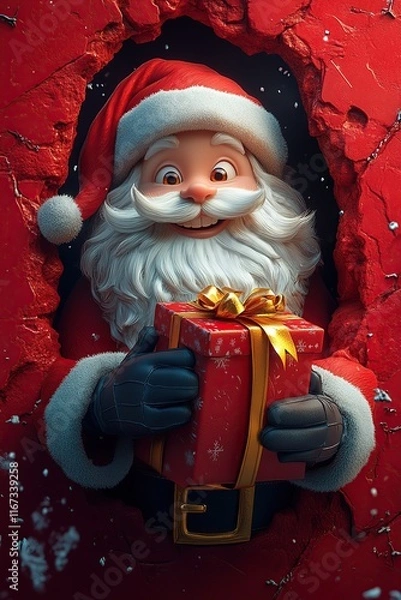 Fototapeta 3D cartoon-style illustration, with a cute smiling Santa Claus peeking out from a hole in a red wall, holding a present box