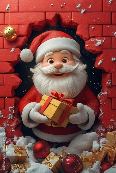 Fototapeta 3D cartoon-style illustration, with a cute smiling Santa Claus peeking out from a hole in a red wall, holding a present box