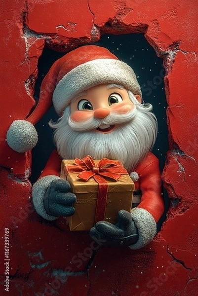 Fototapeta 3D cartoon-style illustration, with a cute smiling Santa Claus peeking out from a hole in a red wall, holding a present box