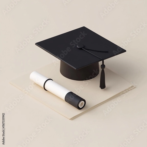 Fototapeta 3D isometric icon of a black graduation cap with a rolled up diploma.