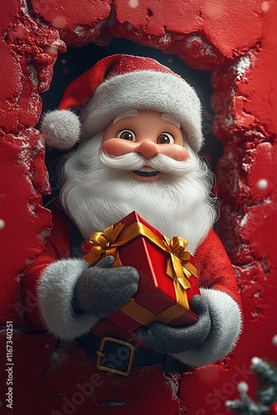 Fototapeta 3D cartoon-style illustration, with a cute smiling Santa Claus peeking out from a hole in a red wall, holding a present box