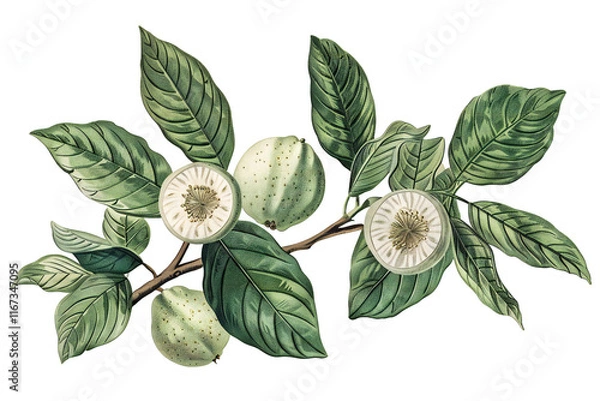 Fototapeta Hand-Drawn Watercolor Illustration of Green Grapefruit with Leaves and Branch, Fresh Citrus Fruit and Botanical Art