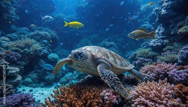 Obraz Marine Life in Underwater Aquarium with Loggerhead Sea Turtle and Coral