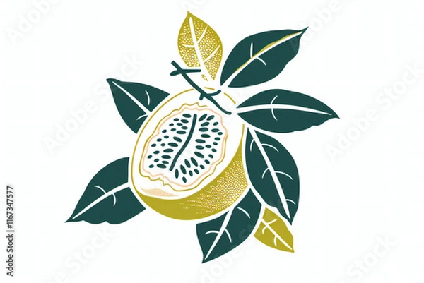 Fototapeta Hand-Drawn Watercolor Illustration of Green Grapefruit with Leaves and Branch, Fresh Citrus Fruit and Botanical Art