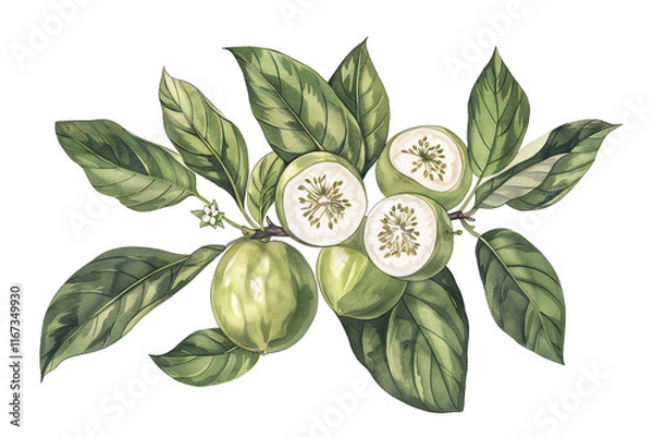 Fototapeta Hand-Drawn Watercolor Illustration of Green Grapefruit with Leaves and Branch, Fresh Citrus Fruit and Botanical Art