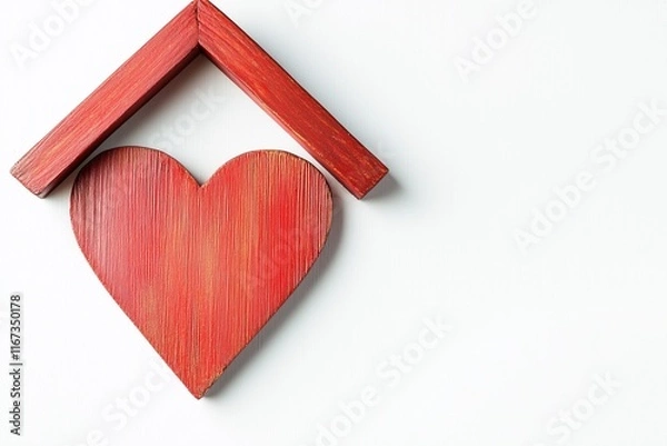 Fototapeta Red Wooden Heart with Roof: Love Home Symbol on White Background with Copy Space