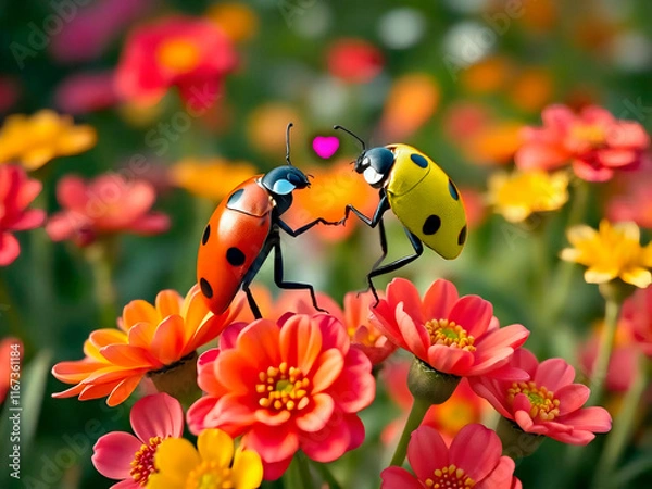 Fototapeta A fictional illustration of a couple of ladybugs in love in a meadow. A Valentine's day card. Love is everywhere.