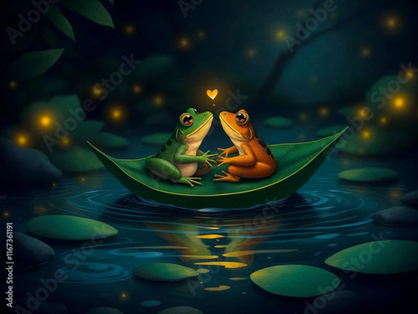 Fototapeta A fictional illustration of a pair of frogs in love floating on a boat along a forest river in a foggy night forest. A Valentine's day card. Love is everywhere.