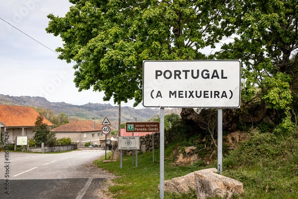 Fototapeta Village entry sign at Ameijoeira (A Meixueira), municipality of Castro Laboreiro, Melgaço, district of Viana do Castelo, Portugal