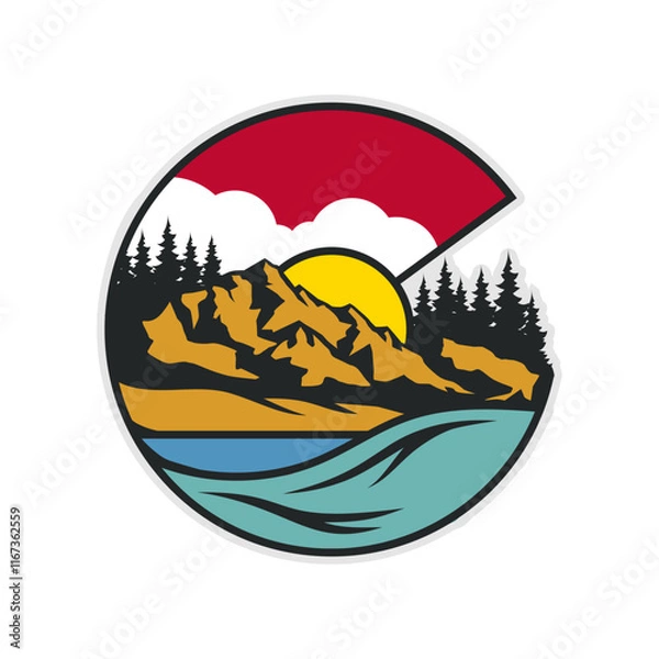 Fototapeta Colorado Flag Mountain emblem badge patch logo design with mountain Cloud, pine tree, Mount Peak, Evergreen lake landscape, vector illustration