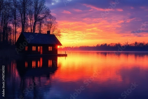 Fototapeta idyllic lakeside cabin silhouetted against a breathtaking sunset reflecting warm oranges and soft purples on tranquil waters creating a peaceful and serene atmosphere perfect for relaxation
