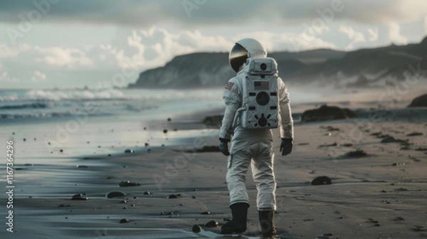 Fototapeta A Lone Astronaut Contemplates the Shoreline, A Surreal Encounter Between Space and Earth's Coastal Beauty,