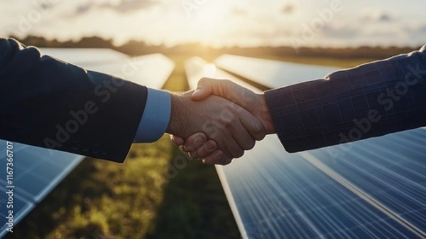 Obraz Two individuals shake hands in a solar farm, symbolizing partnership and commitment to renewable energy and sustainability under a sunset.