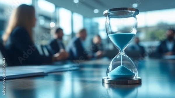 Obraz A close-up of an hourglass on a meeting table, with blurred figures in the background, symbolizing the passage of time during discussions.