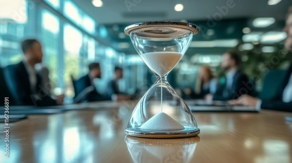Obraz A close-up of an hourglass on a conference table, with blurred figures in the background, symbolizing time management in a business setting.
