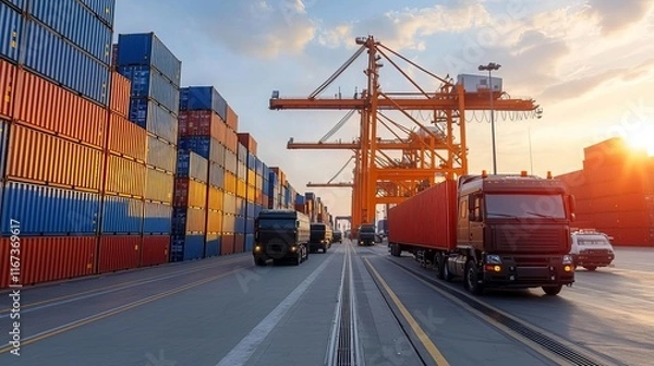 Fototapeta Cargo management logistics security concept. Industrial port with trucks and shipping containers at sunset.