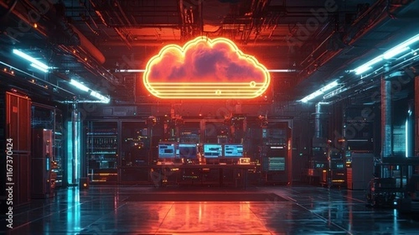 Fototapeta Neon cloud above servers in dark data center.