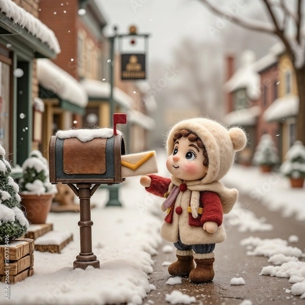 Obraz Nostalgic Winter Doll Mailing Letter in Snowy Village Setting