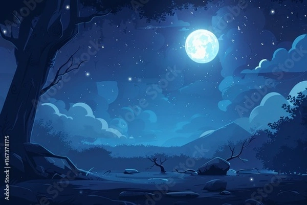 Obraz A Tranquil Nighttime Landscape with a Large Full Moon and Distant Mountains