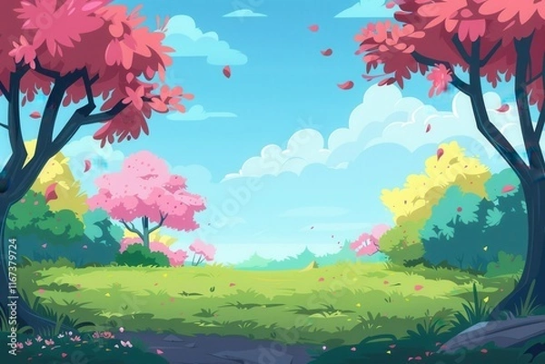 Obraz Lush Green Meadow with Pink and Yellow Trees Under a Blue Sky