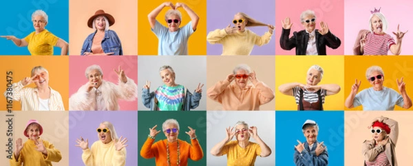 Fototapeta Collection of stylish elderly women on color background
