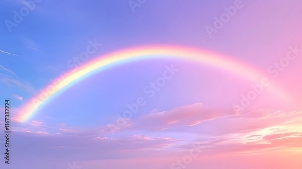 Fototapeta A vibrant rainbow arches across a pastel sky, creating a serene and uplifting atmosphere.