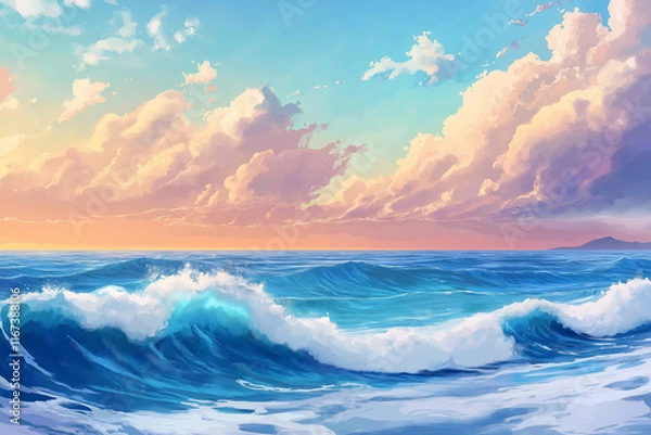 Fototapeta An enchanting ocean scene with vibrant blue waves gently rolling towards the shore, highlighted by white, foamy crests. 