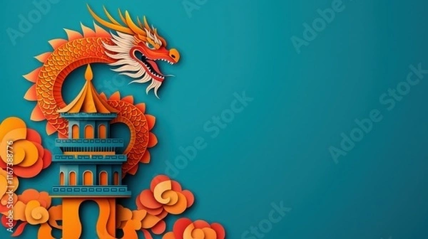 Fototapeta Colorful dragon design with a pagoda and clouds on a vibrant teal background. Chinese New Year concept