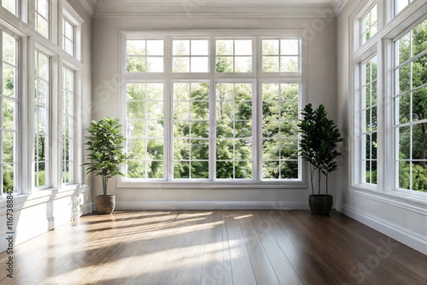 Fototapeta Empty Room with White Walls, Hardwood Floors, and Large Windows for Customization