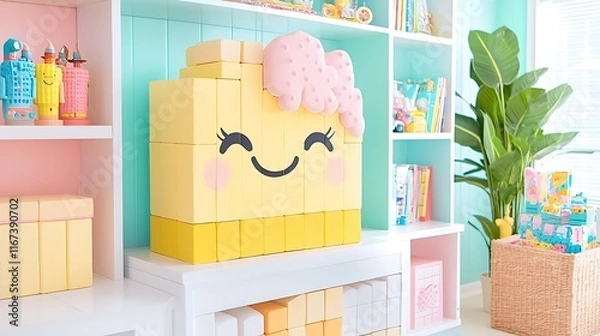 Fototapeta Happy face built from yellow and pastel blocks on a shelf in a pastel-colored room.