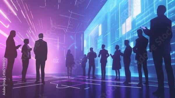 Obraz Silhouetted Business Professionals in a Futuristic Digital Space