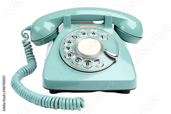 Fototapeta A vintage turquoise rotary telephone with a coiled cord, symbolizing communication.