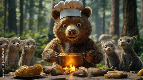 Fototapeta A bear in a chef's hat cooks in the forest, surrounded by curious animals.
