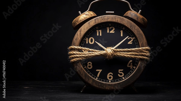 Obraz A vintage wooden alarm clock is bound with rope, symbolizing constraints on time. It sits on a dark surface, emphasizing the clock’s classic design and the urgency it reflects.