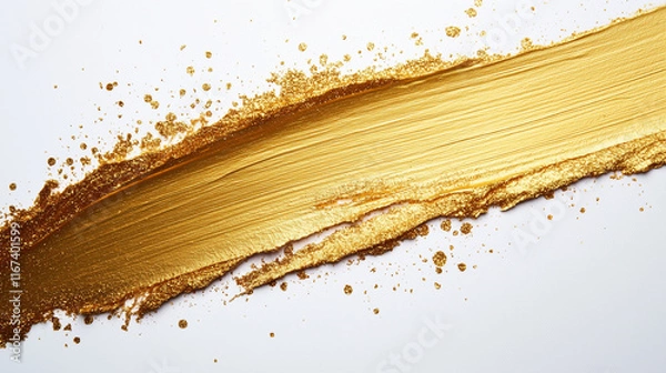 Fototapeta A bold brushstroke of shimmering gold paint stretches across a white surface, with flecks of gold glitter creating a dynamic and luxurious effect in the artwork.