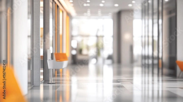 Fototapeta Modern office interior with bright seating and polished floors in an open corridor