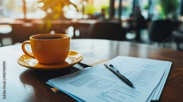 Obraz Coffee Documents And Pen On Wooden Table