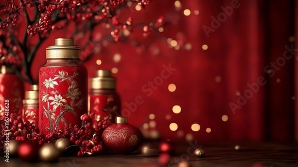 Fototapeta A festive arrangement of red containers and decorative elements set against a crimson backdrop, exuding elegance and holiday spirit.