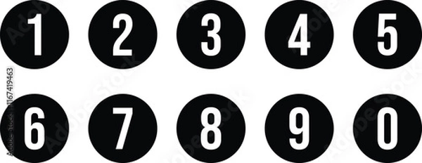 Obraz set of 0 to 9 white number on black circle vector illustration.