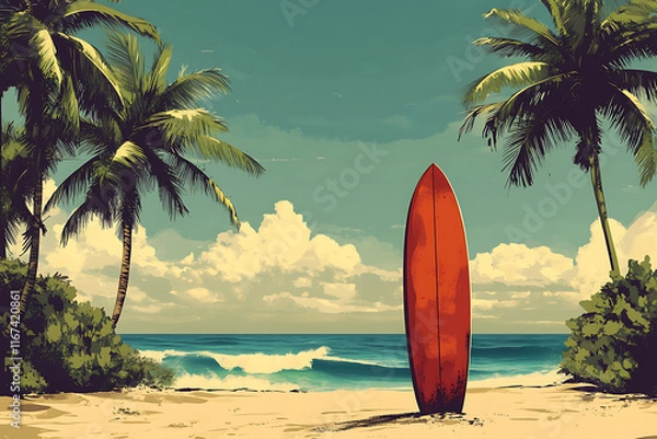 Fototapeta A vibrant beach scene featuring a red surfboard among palm trees and ocean waves.