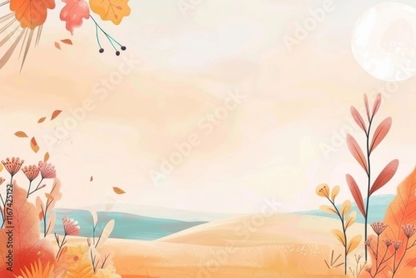 Obraz Abstract Watercolor Illustration of a Fall Landscape with Orange, Yellow, and Pink Flowers