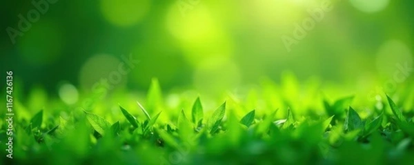 Fototapeta Green bokeh background, vibrant grass, Earth's fragility , fauna, earth
