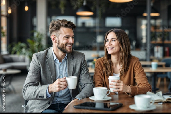 Fototapeta Two cheerful colleagues share a pleasant conversation over coffee in a stylish cafe atmosphere. The warm setting enhances a sense of camaraderie and positivity.