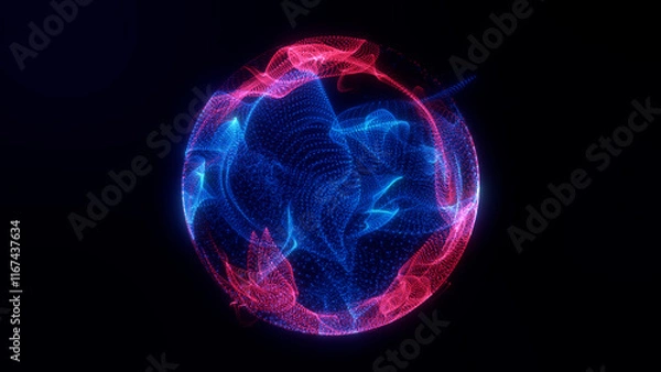 Obraz Glowing and rotating particle energy sphere sphere in the space.Abstract technology, science and futuristic. Abstract ball animation with red and blue parts.  