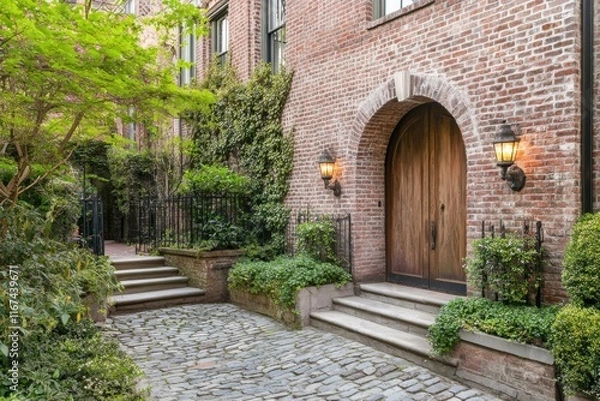 Fototapeta Charming brick pathway leading to a wooden door, surrounded by lush greenery and soft lighting in an inviting urban courtyard