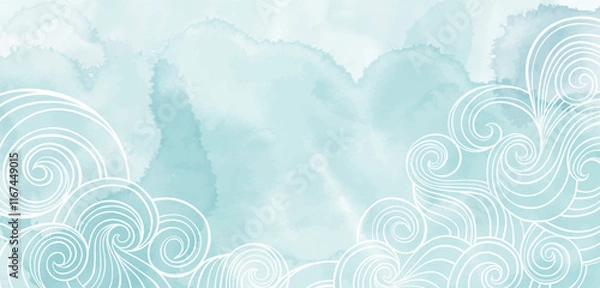 Obraz Pre-made design with hand-drawn waves, watercolor splash and place for text. Luxury design on a marine theme. Vector layout decorative  card, invitation design background, packaging, booklets, brochur