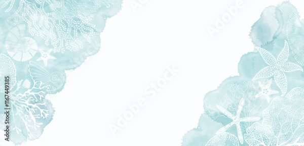Fototapeta Luxury vector design with underwater plants, shells, starfish, corals, sea creatures and  watercolor splash. Template design for text, packaging and prints. Art sea background. Corner composition.