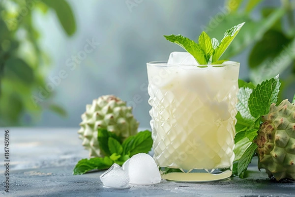 Fototapeta Refreshing Soursop Juice in a Mason Jar with Soursop Fruit Slices and Tropical Drink Garnish, Healthy Beverage