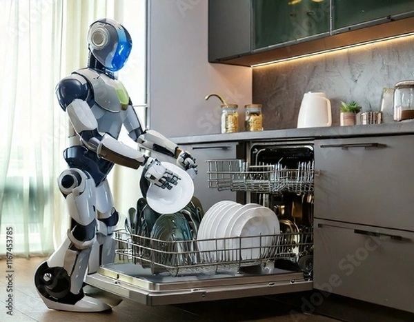 Obraz robot humanoid is putting dishes to the dishwasher on the kitchen